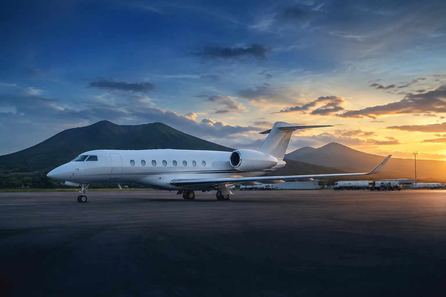 Jet ejecutivo en plataforma con paisaje montañoso centroamericano